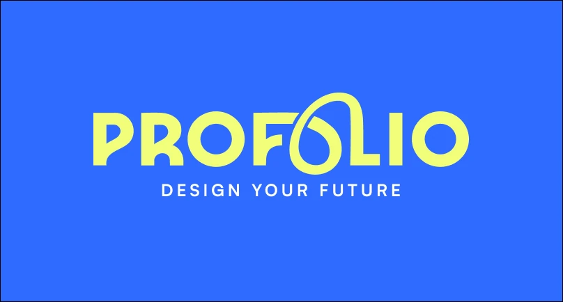 ProFolio business card back, wordmark and tagline on blue