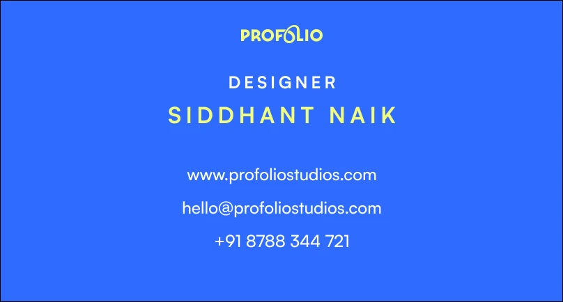 ProFolio business card front, designer contact lockup on blue